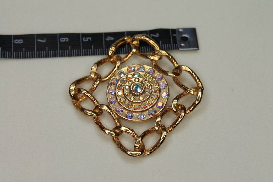 Square Metal Gold Chain Button with AB Rhinestones - Large, image 2 of 6