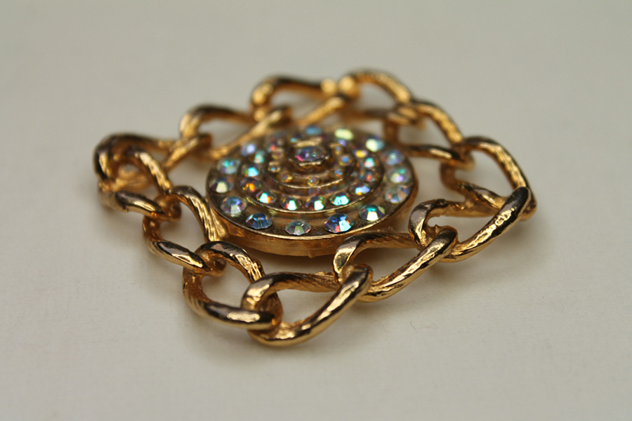 Square Metal Gold Chain Button with AB Rhinestones - Large, image 3 of 6