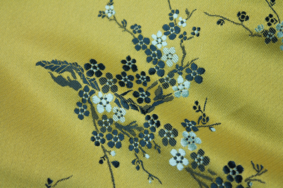 Chinese Brocade - Yellow w/Green Cherry Blossom fabric, image 3 of 7