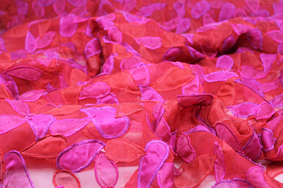 Organza Teardrop Applique on Tulle - Red / Pink fabric