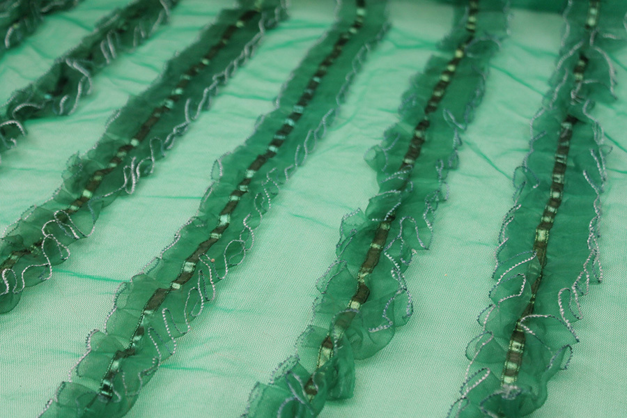 Green Organza Ribbon Frills on Tulle fabric, image 2 of 6
