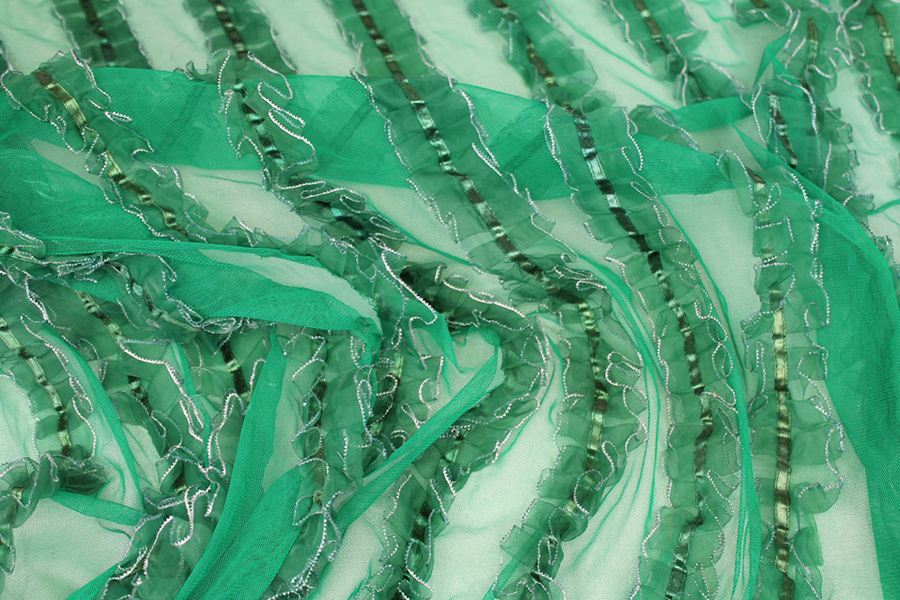 Green Organza Ribbon Frills on Tulle fabric, image 3 of 6