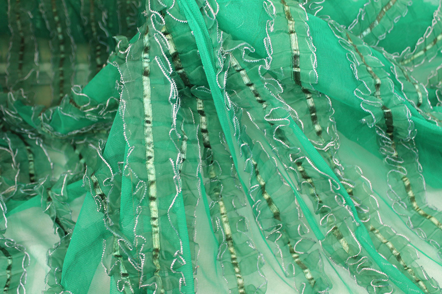 Green Organza Ribbon Frills on Tulle fabric, image 4 of 6