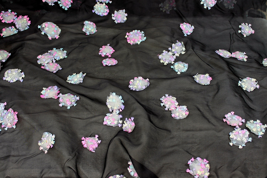 Black Silk Organza with Pastel Butterfly Pom-Poms fabric, image 2 of 9