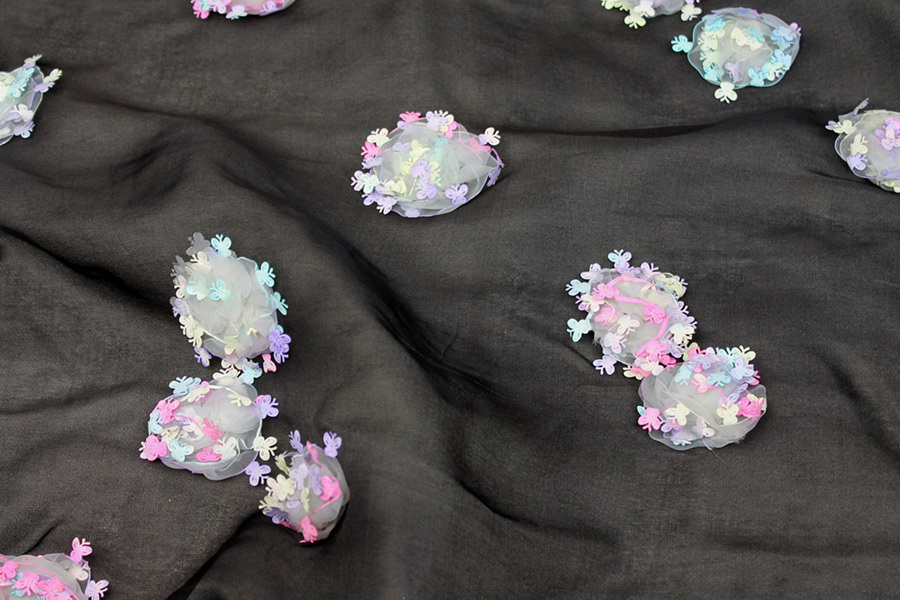 Black Silk Organza with Pastel Butterfly Pom-Poms fabric, image 3 of 9