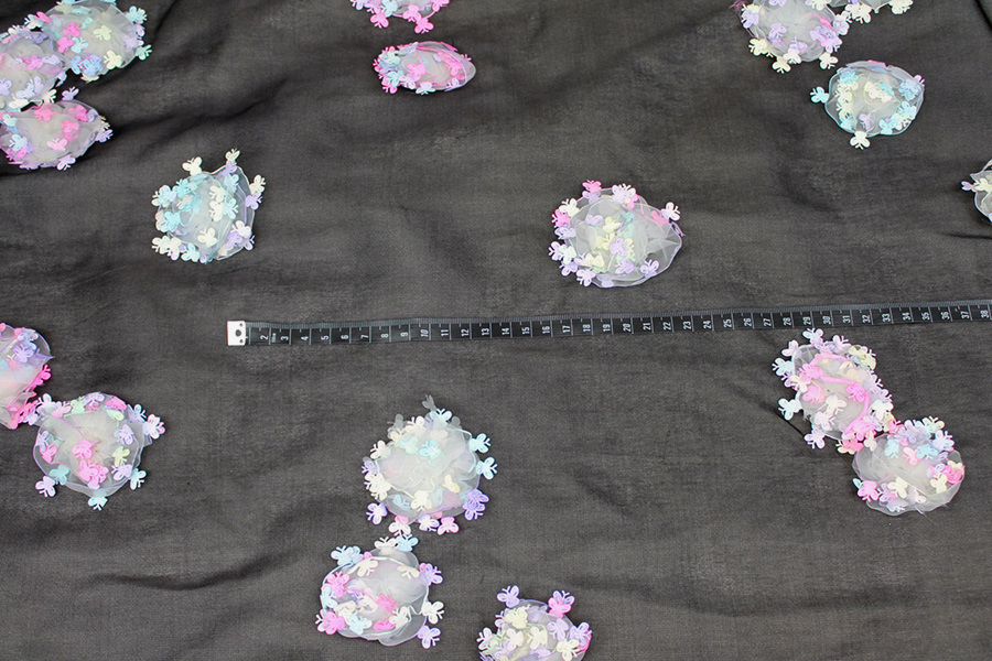 Black Silk Organza with Pastel Butterfly Pom-Poms fabric, image 4 of 9