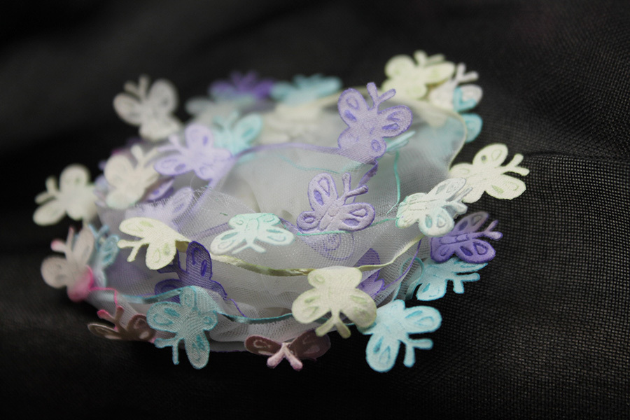 Black Silk Organza with Pastel Butterfly Pom-Poms fabric, image 6 of 9