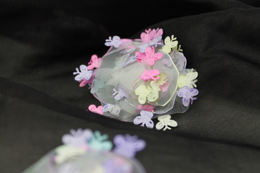 Black Silk Organza with Pastel Butterfly Pom-Poms fabric, image 7 of 9