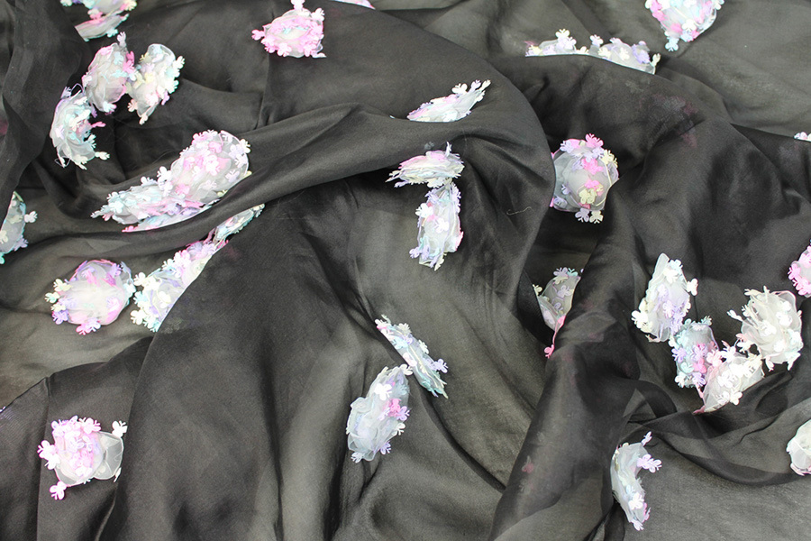 Black Silk Organza with Pastel Butterfly Pom-Poms fabric, image 9 of 9