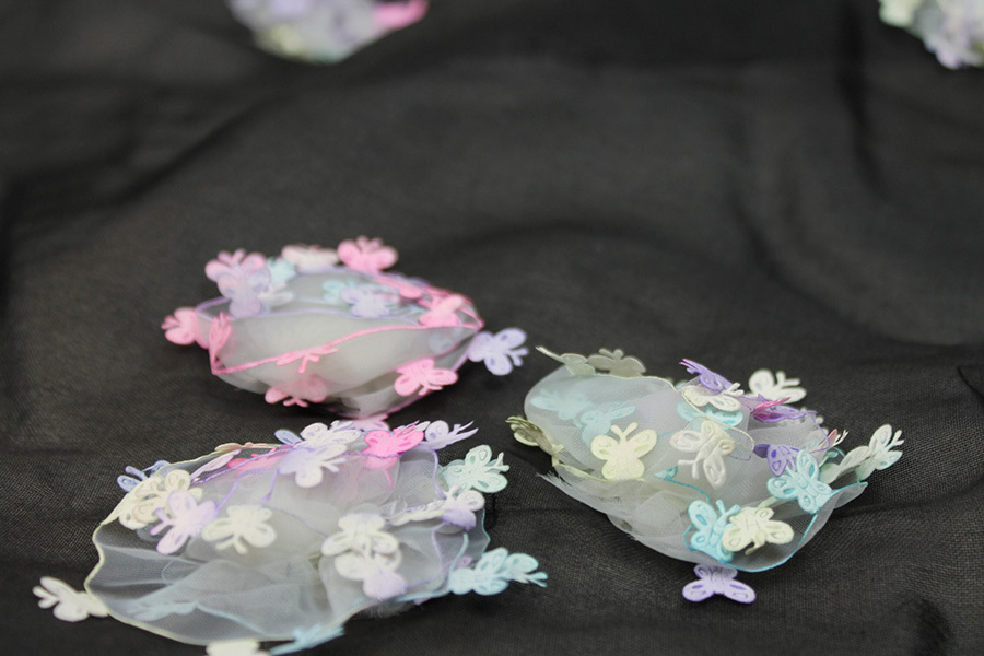 Black Silk Organza with Pastel Butterfly Pom-Poms fabric, image 8 of 9