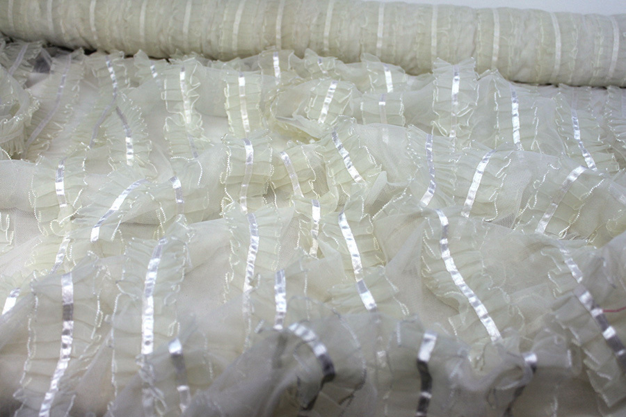 Ivory Organza Ribbon Frills on Tulle fabric, image 3 of 7