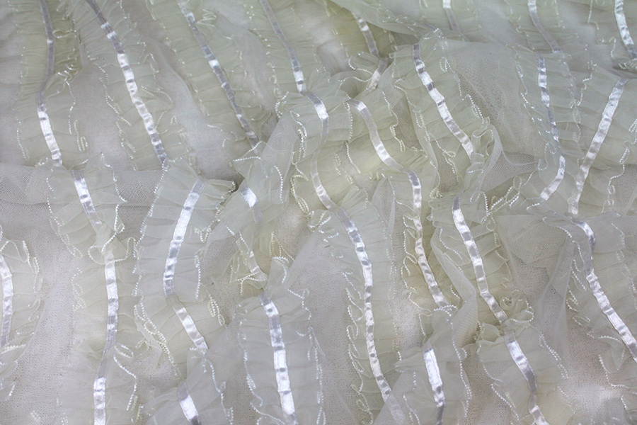 Ivory Organza Ribbon Frills on Tulle fabric
