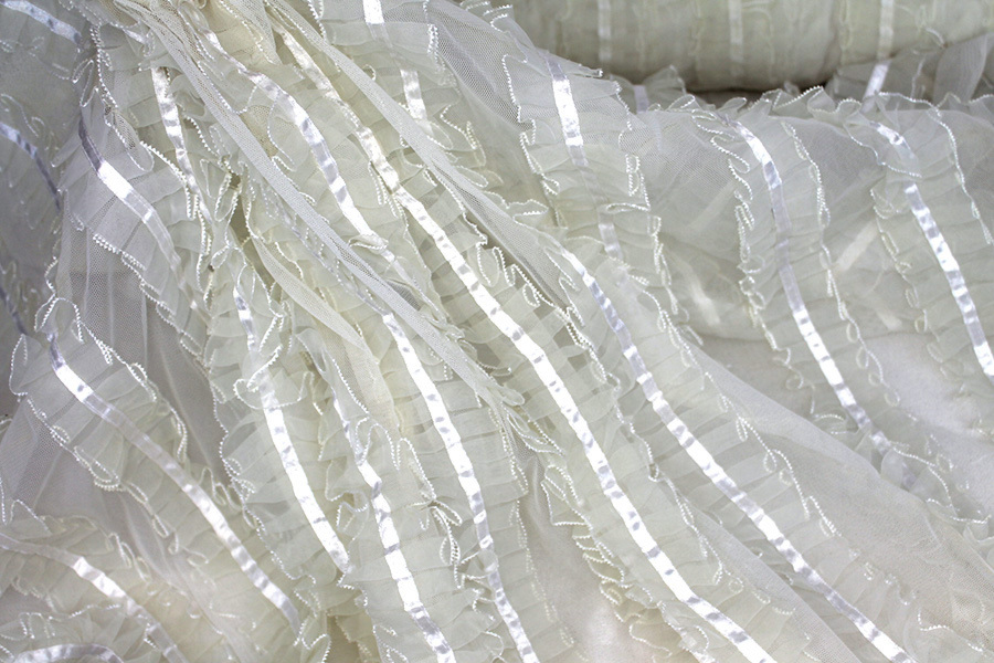 Ivory Organza Ribbon Frills on Tulle fabric, image 5 of 7