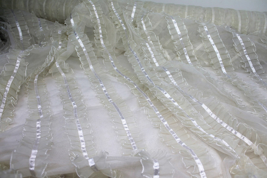 Ivory Organza Ribbon Frills on Tulle fabric, image 7 of 7
