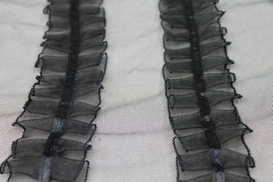 Black Organza Ribbon Frills on Tulle fabric, image 3 of 11