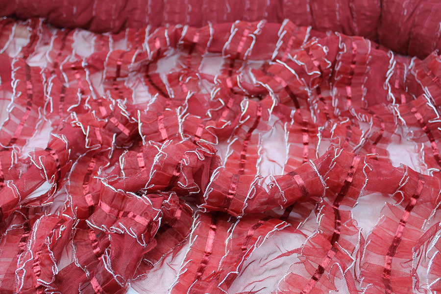 Deep Red Organza Ribbon Frills on Tulle fabric, image 2 of 7