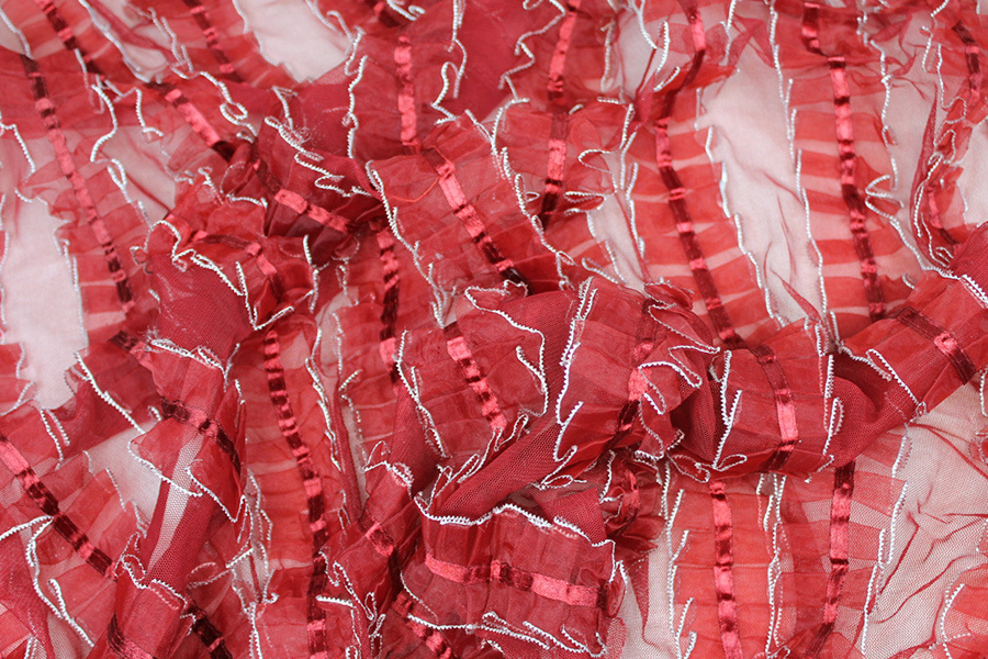 Deep Red Organza Ribbon Frills on Tulle fabric, image 5 of 7