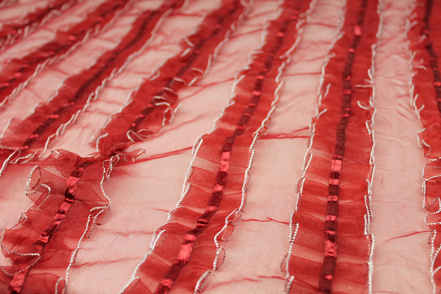 Deep Red Organza Ribbon Frills on Tulle fabric, image 4 of 7