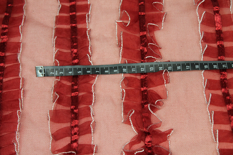 Deep Red Organza Ribbon Frills on Tulle fabric, image 3 of 7