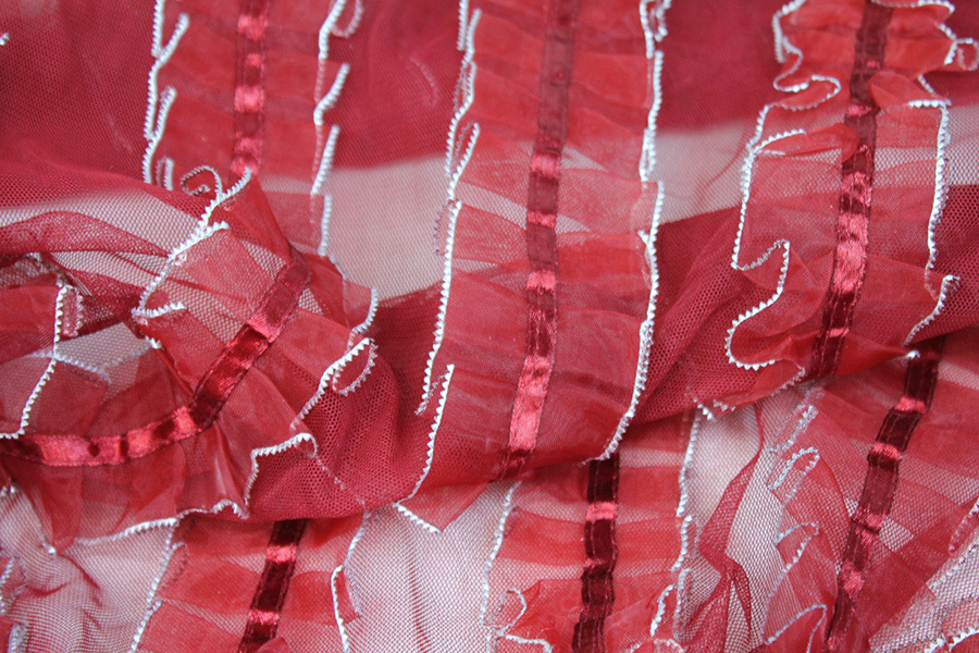 Deep Red Organza Ribbon Frills on Tulle fabric