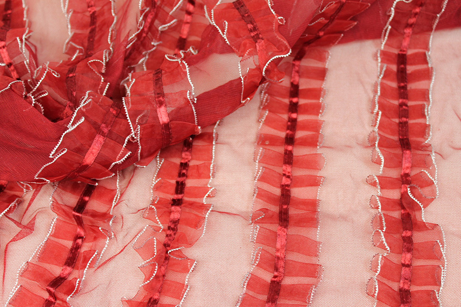Deep Red Organza Ribbon Frills on Tulle fabric, image 7 of 7