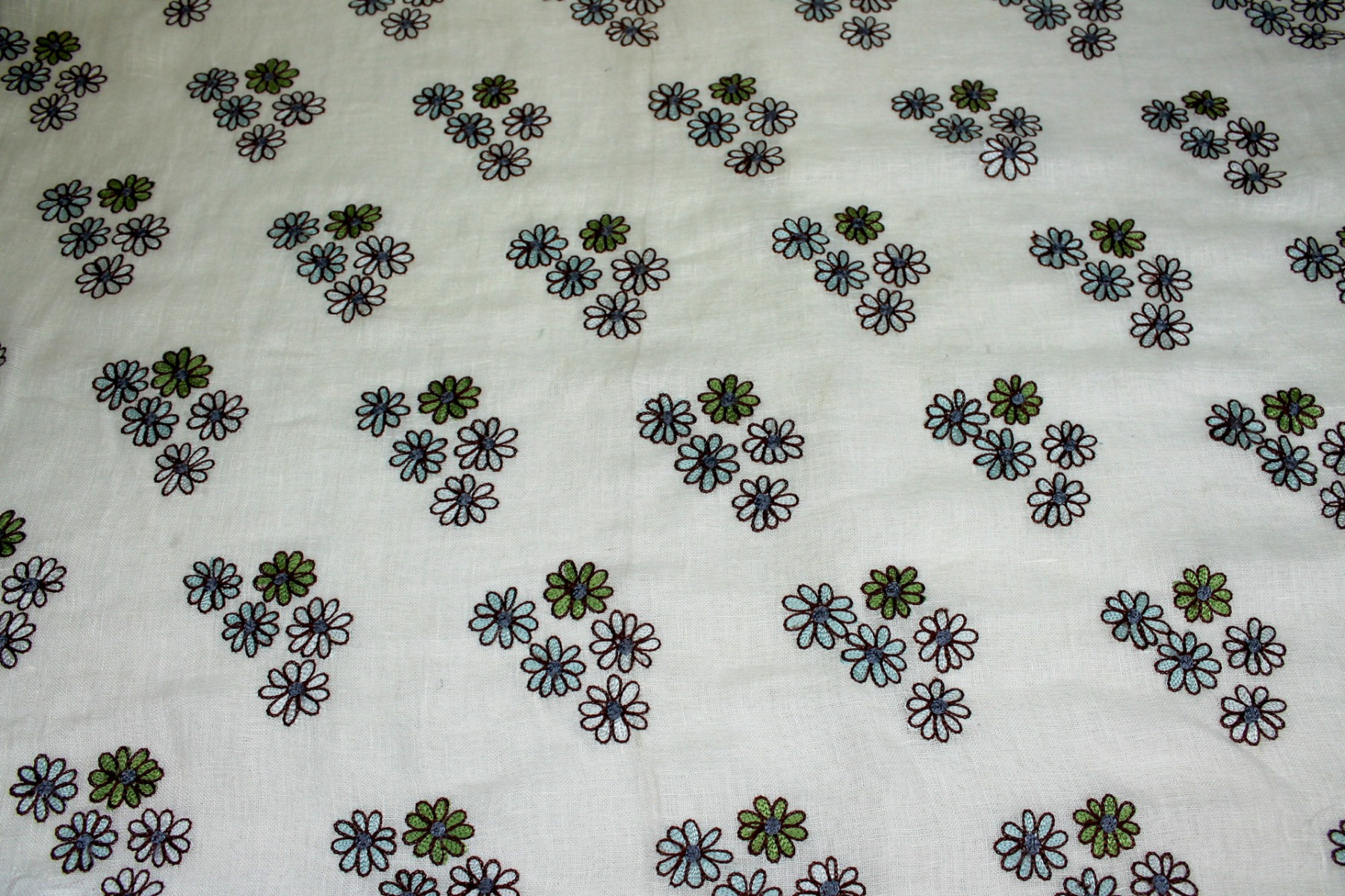 Ivory Sheer Linen with Floral Embroidery in Blue Green and Brown fabric, image 6 of 8