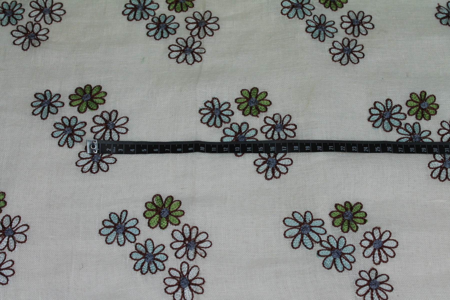 Ivory Sheer Linen with Floral Embroidery in Blue Green and Brown fabric, image 5 of 8