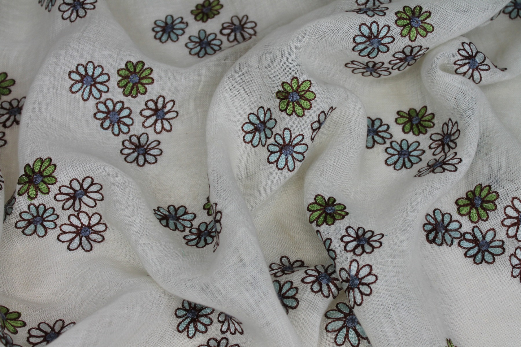 Ivory Sheer Linen with Floral Embroidery in Blue Green and Brown fabric, image 7 of 8