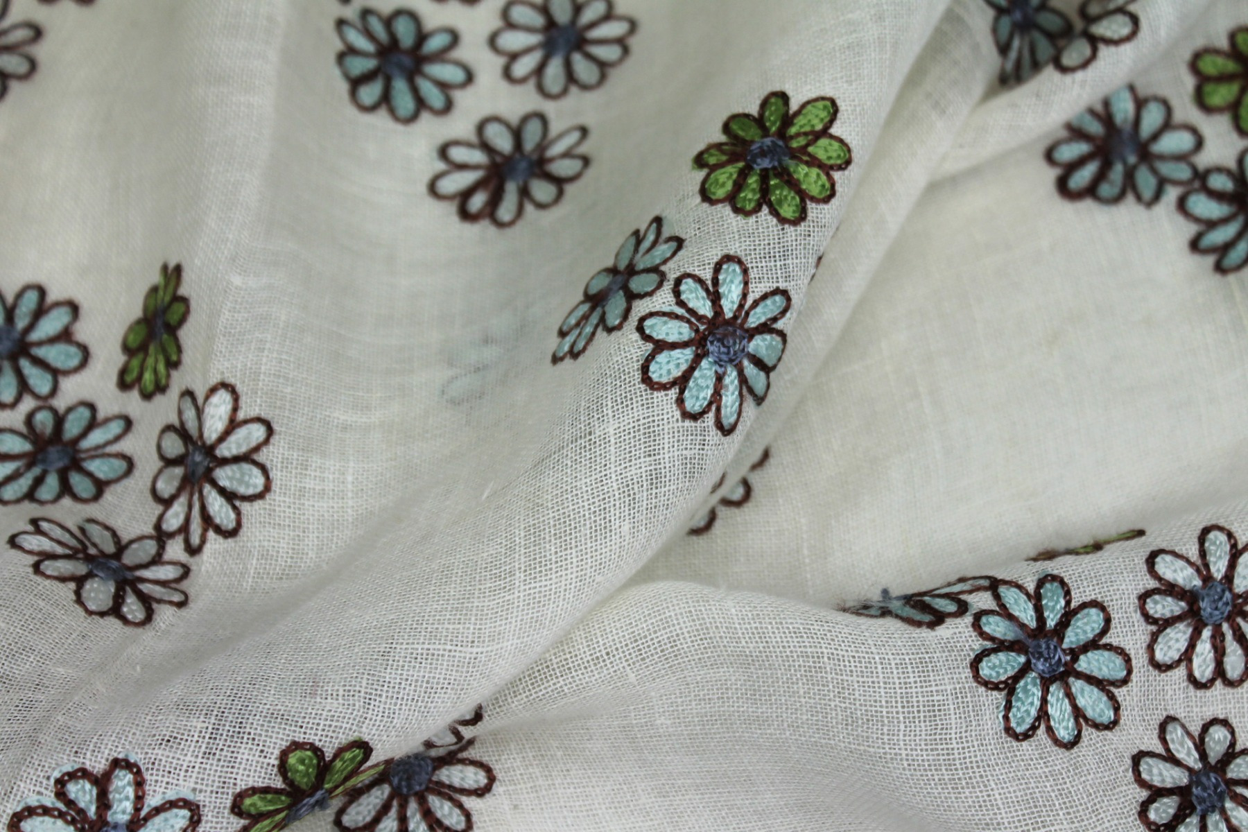 Ivory Sheer Linen with Floral Embroidery in Blue Green and Brown fabric, image 3 of 8