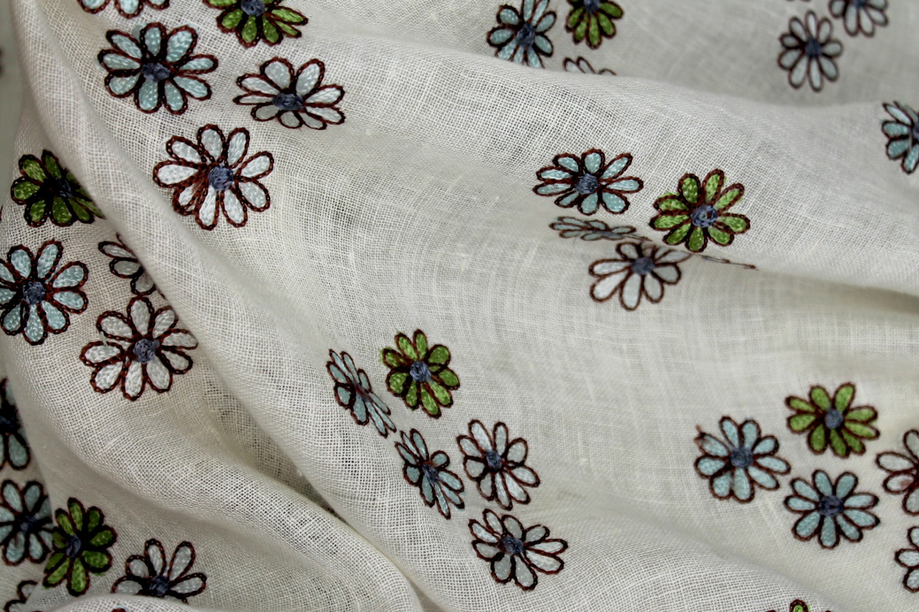 Ivory Sheer Linen with Floral Embroidery in Blue Green and Brown fabric, image 8 of 8