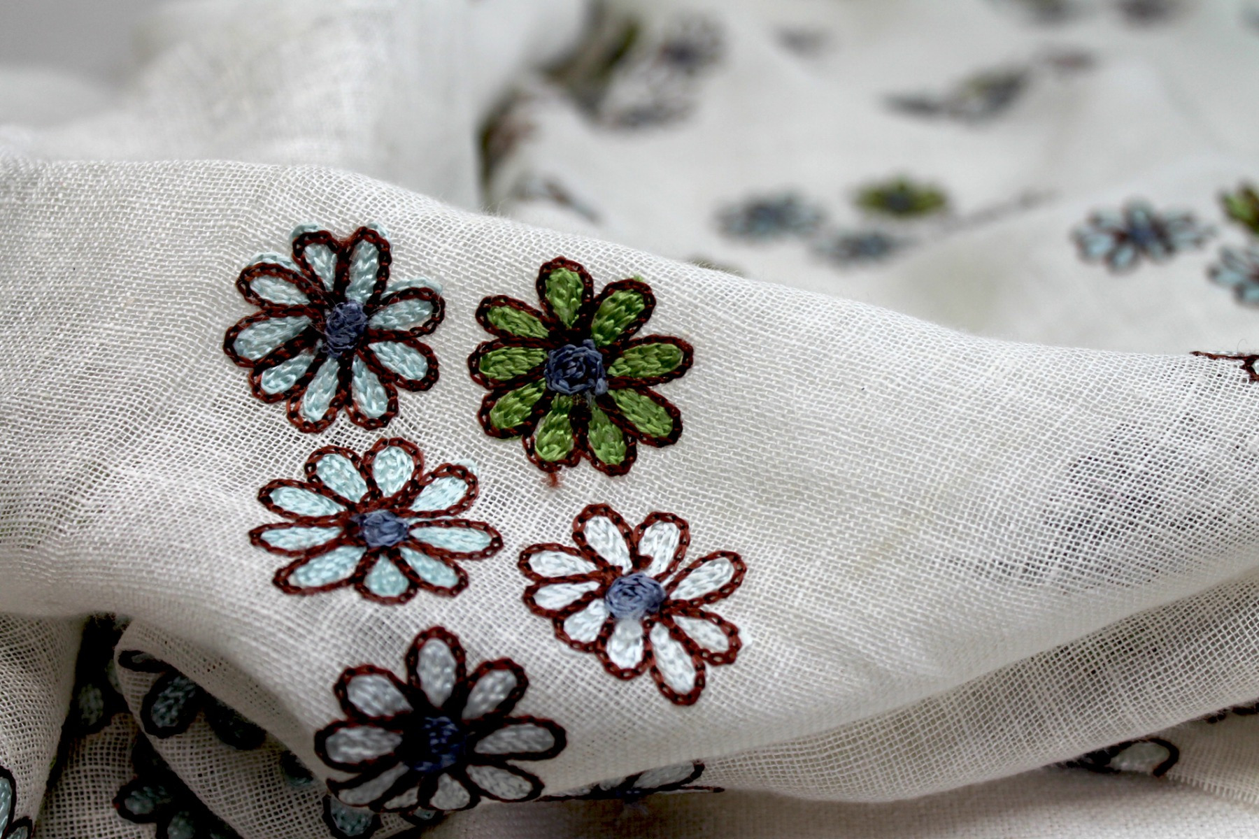 Ivory Sheer Linen with Floral Embroidery in Blue Green and Brown fabric, image 2 of 8