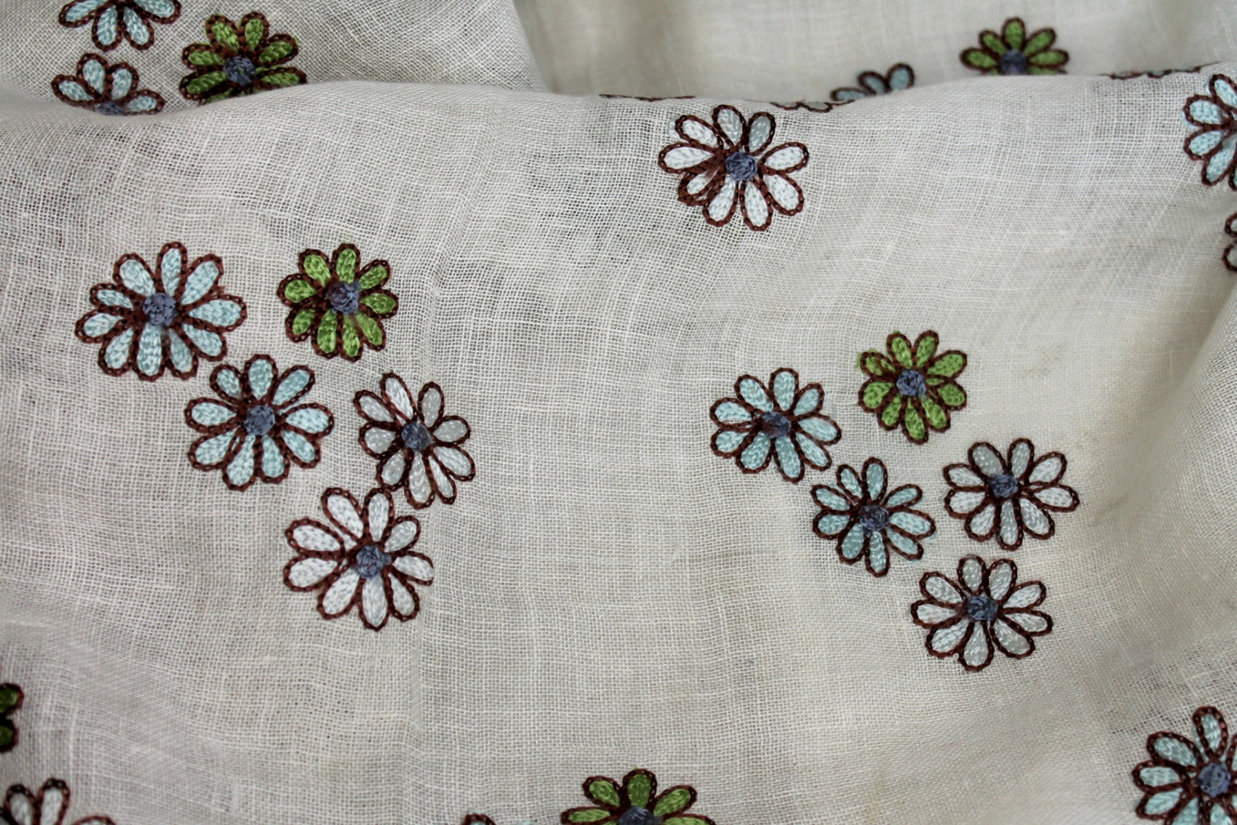 Ivory Sheer Linen with Floral Embroidery in Blue Green and Brown fabric, image 4 of 8