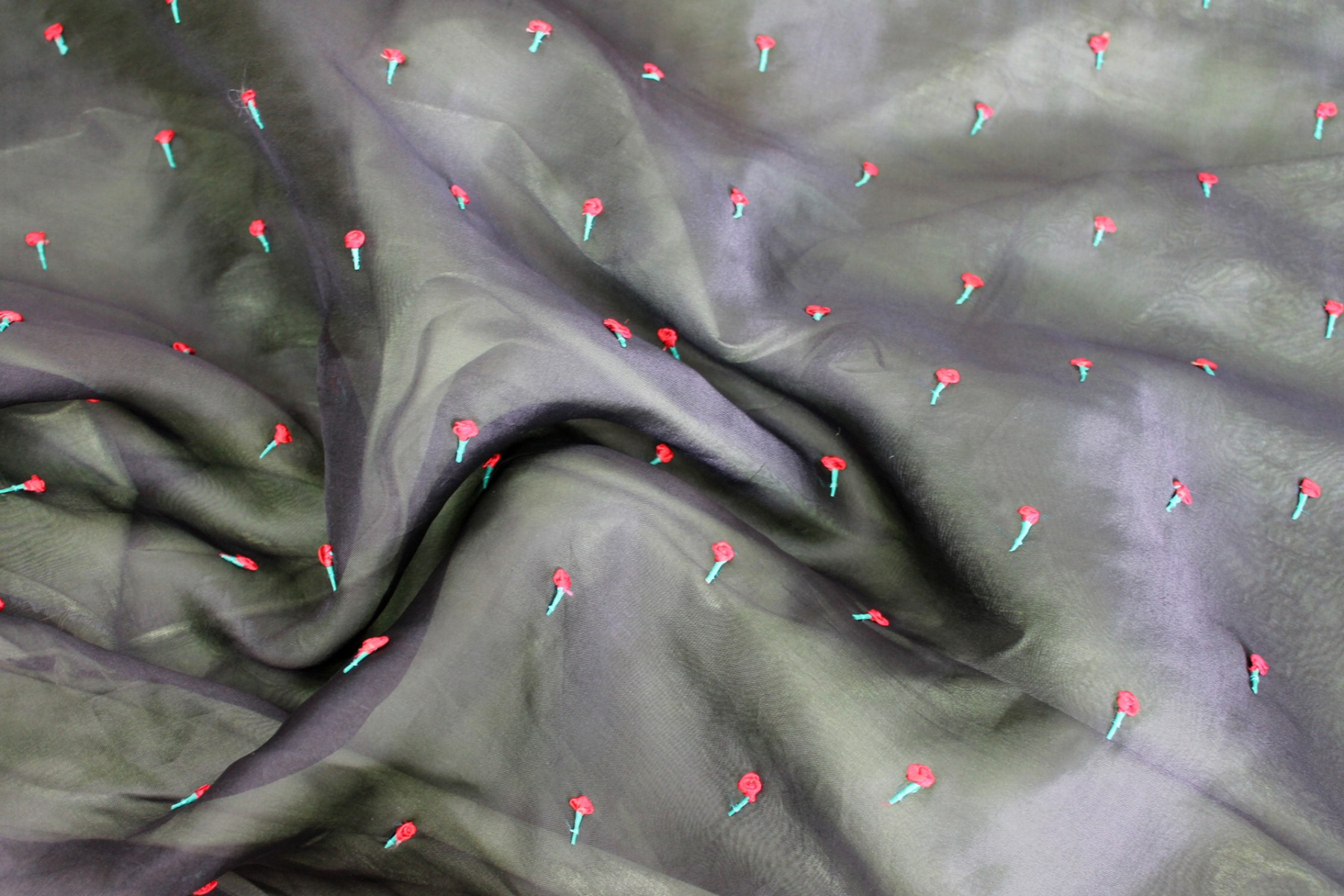 Hand Wrapped Red Ribbon Roses on Black Silk Organza fabric, image 2 of 6
