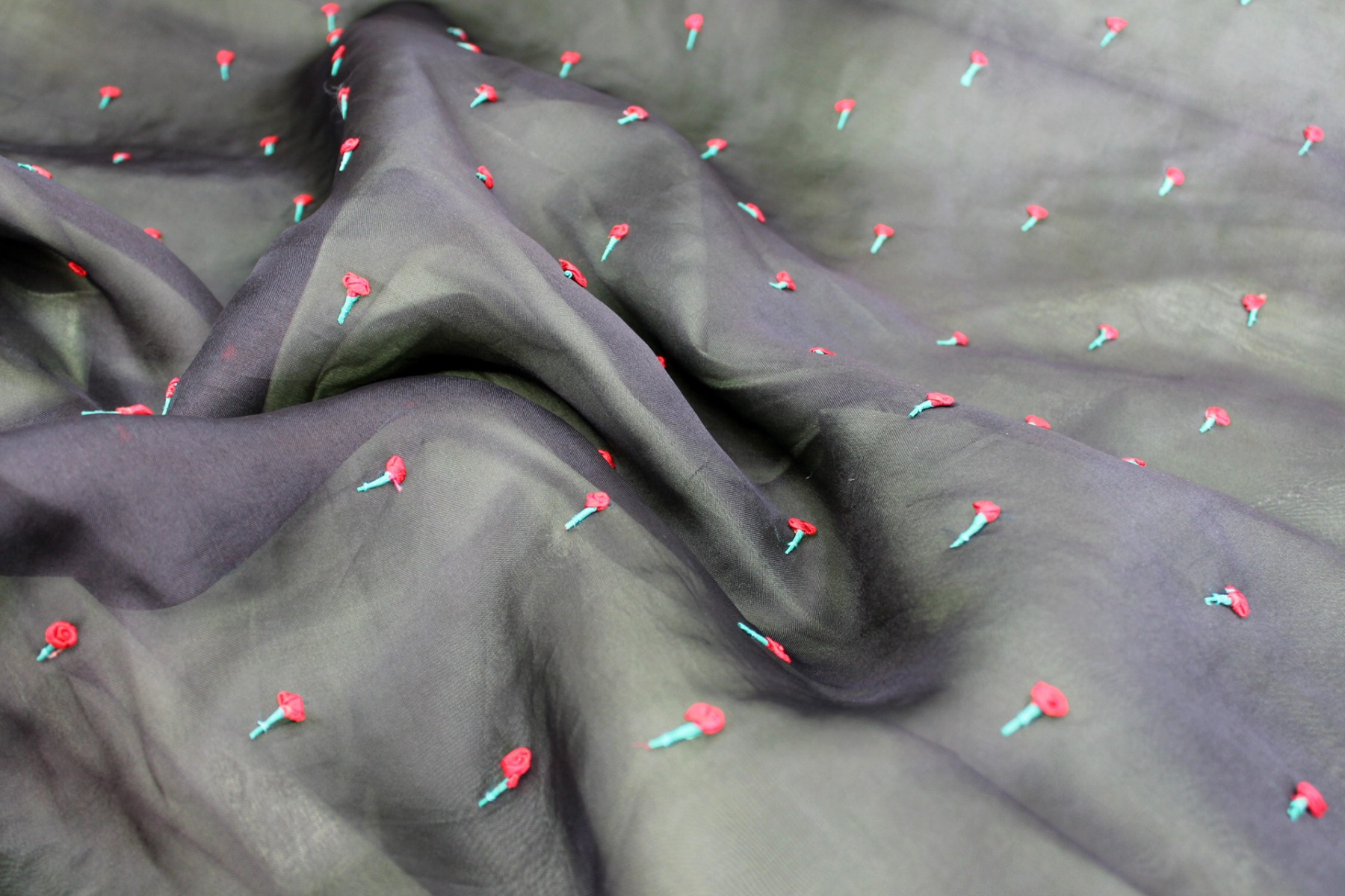 Hand Wrapped Red Ribbon Roses on Black Silk Organza fabric, image 3 of 6