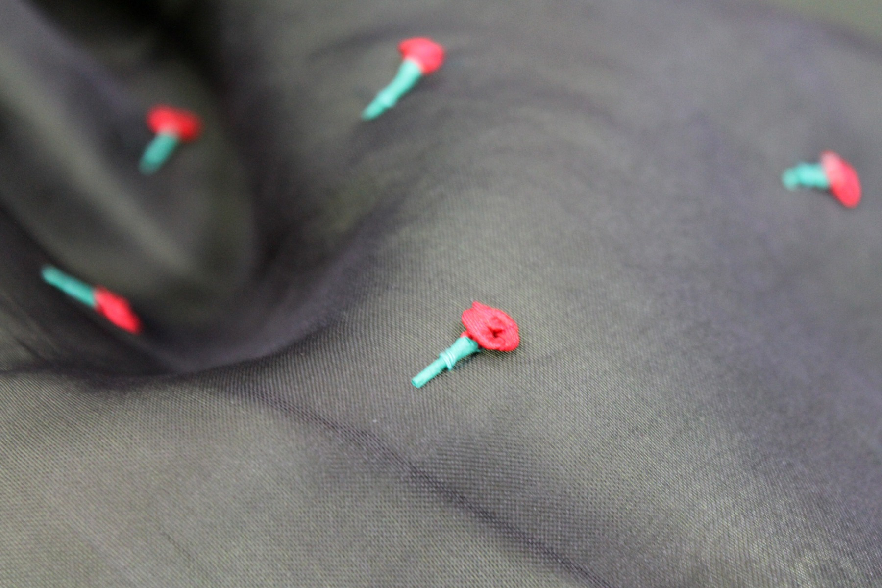 Hand Wrapped Red Ribbon Roses on Black Silk Organza fabric, image 4 of 6