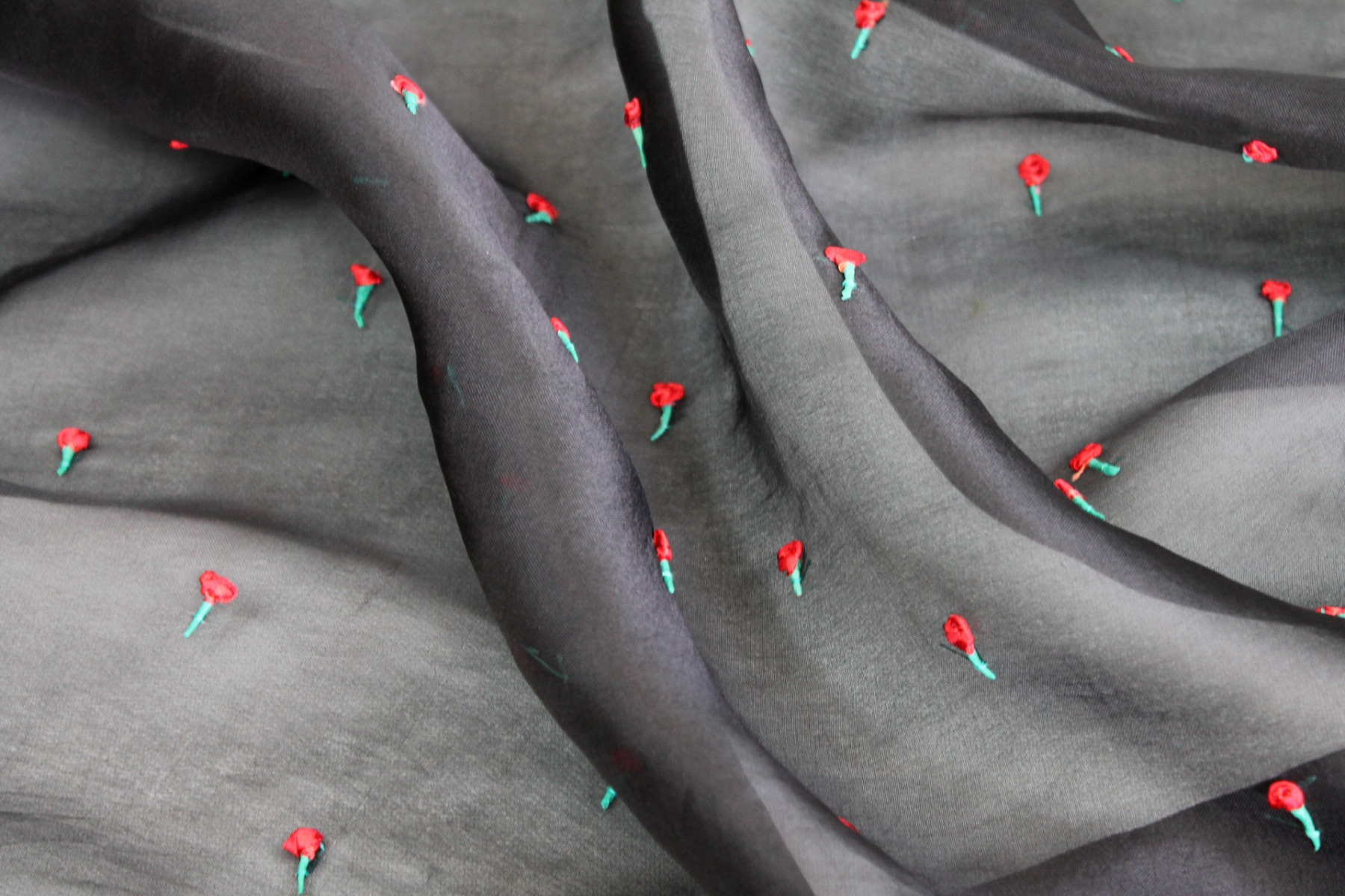 Hand Wrapped Red Ribbon Roses on Black Silk Organza fabric, image 5 of 6