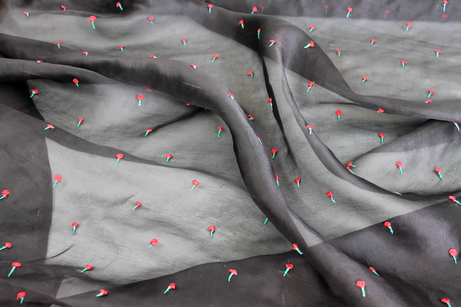 Hand Wrapped Red Ribbon Roses on Black Silk Organza fabric, image 6 of 6