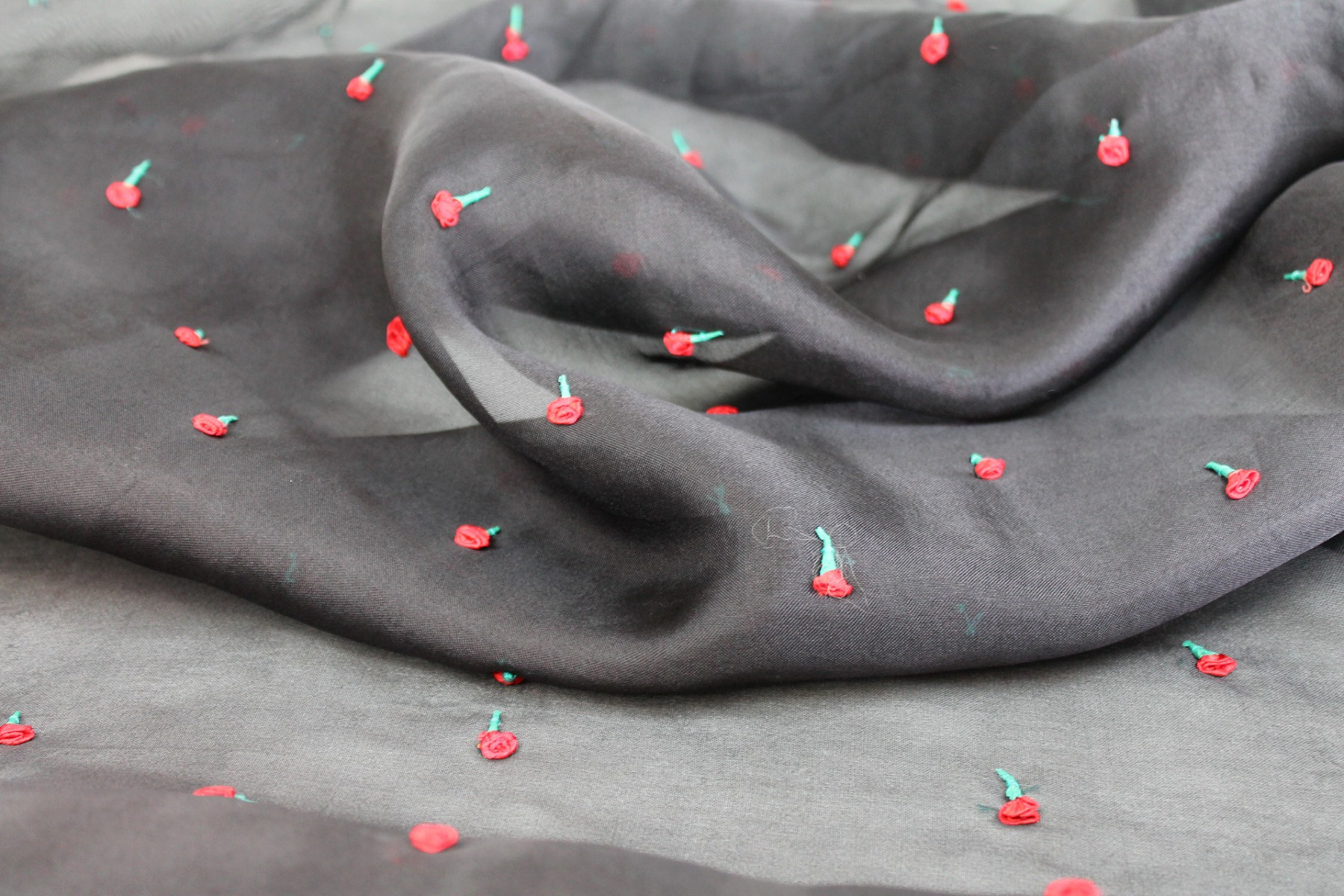 Hand Wrapped Red Ribbon Roses on Black Silk Organza fabric