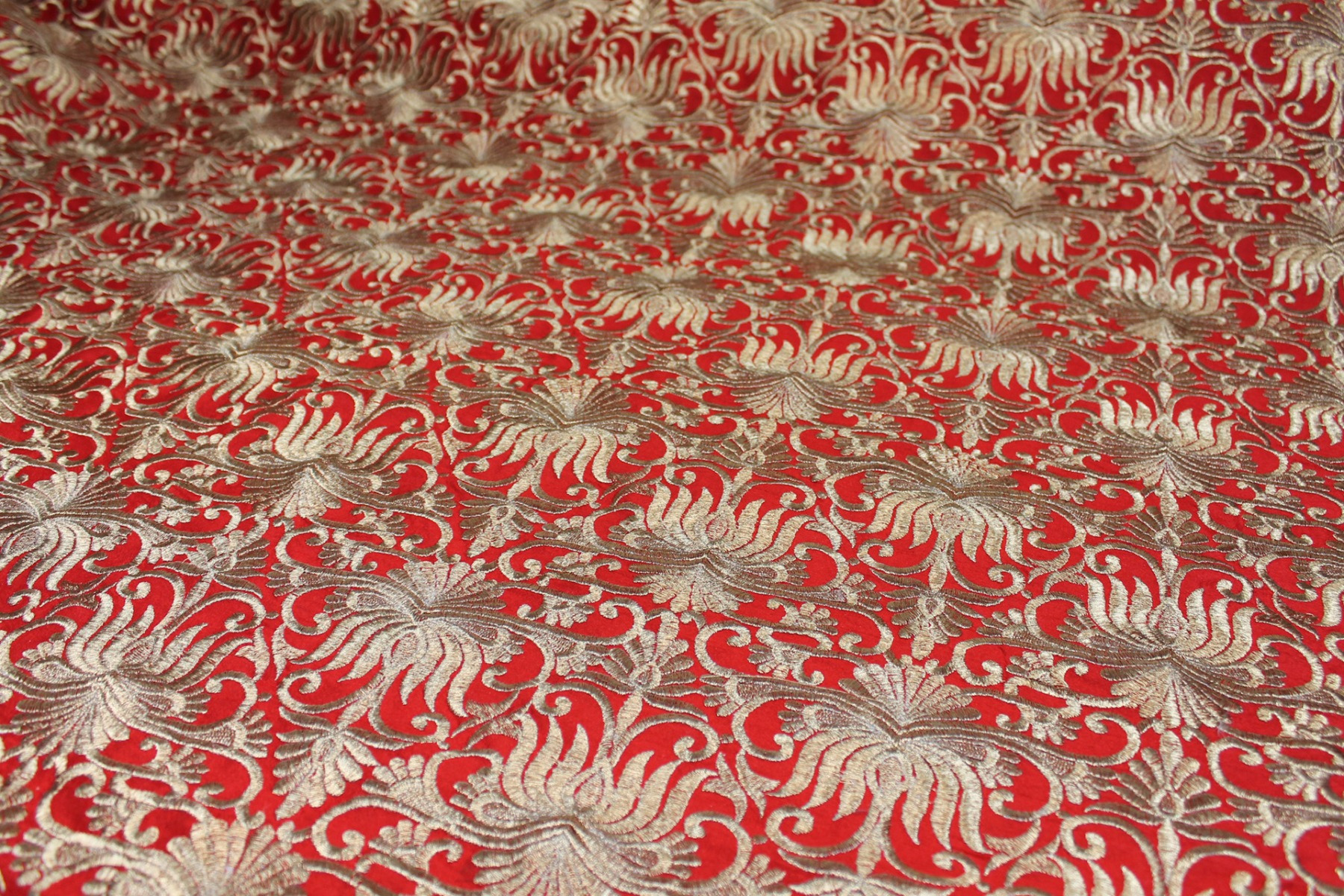 Gold Scroll Embroidered Dupion - Red fabric, image 4 of 7