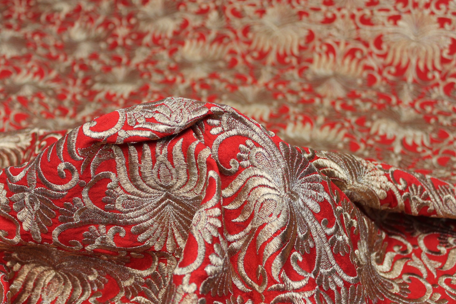 Gold Scroll Embroidered Dupion - Red fabric, image 5 of 7