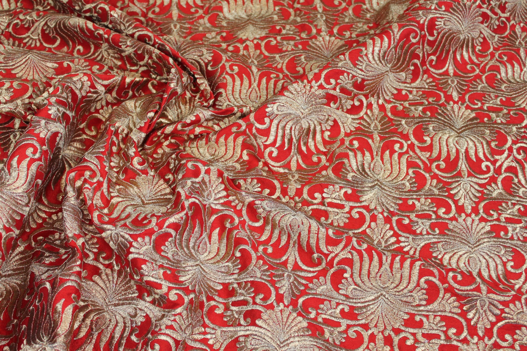 Gold Scroll Embroidered Dupion - Red fabric, image 6 of 7