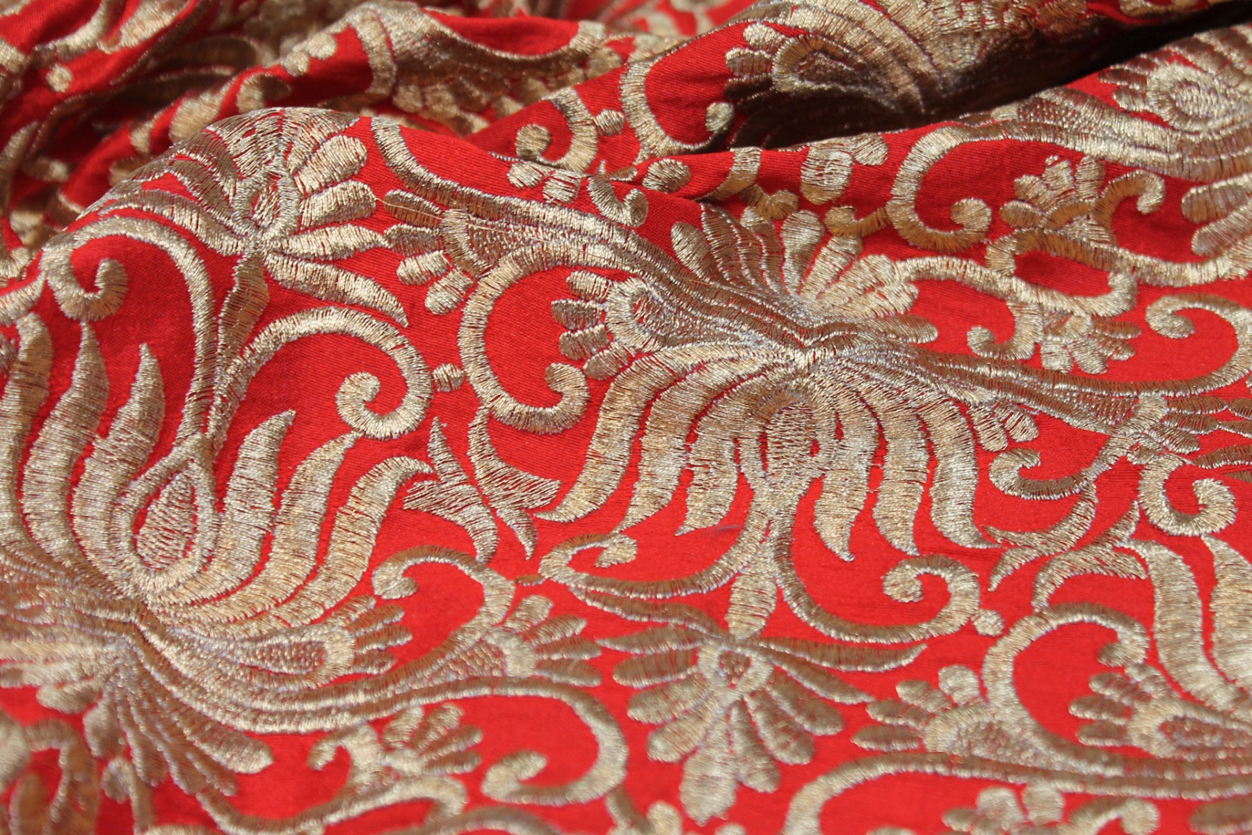 Gold Scroll Embroidered Dupion - Red fabric, image 7 of 7