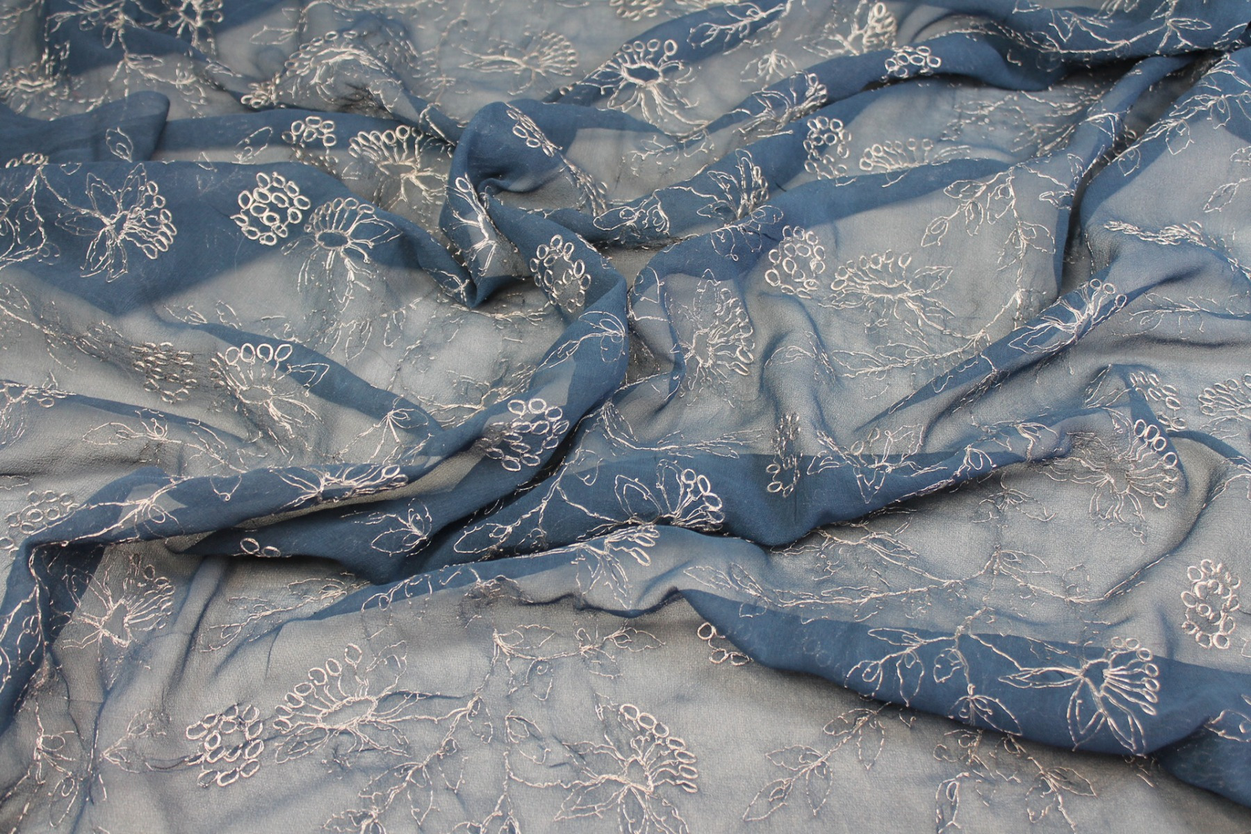 Metallic Floral Embroidery on French Blue Silk Chiffon fabric, image 2 of 8