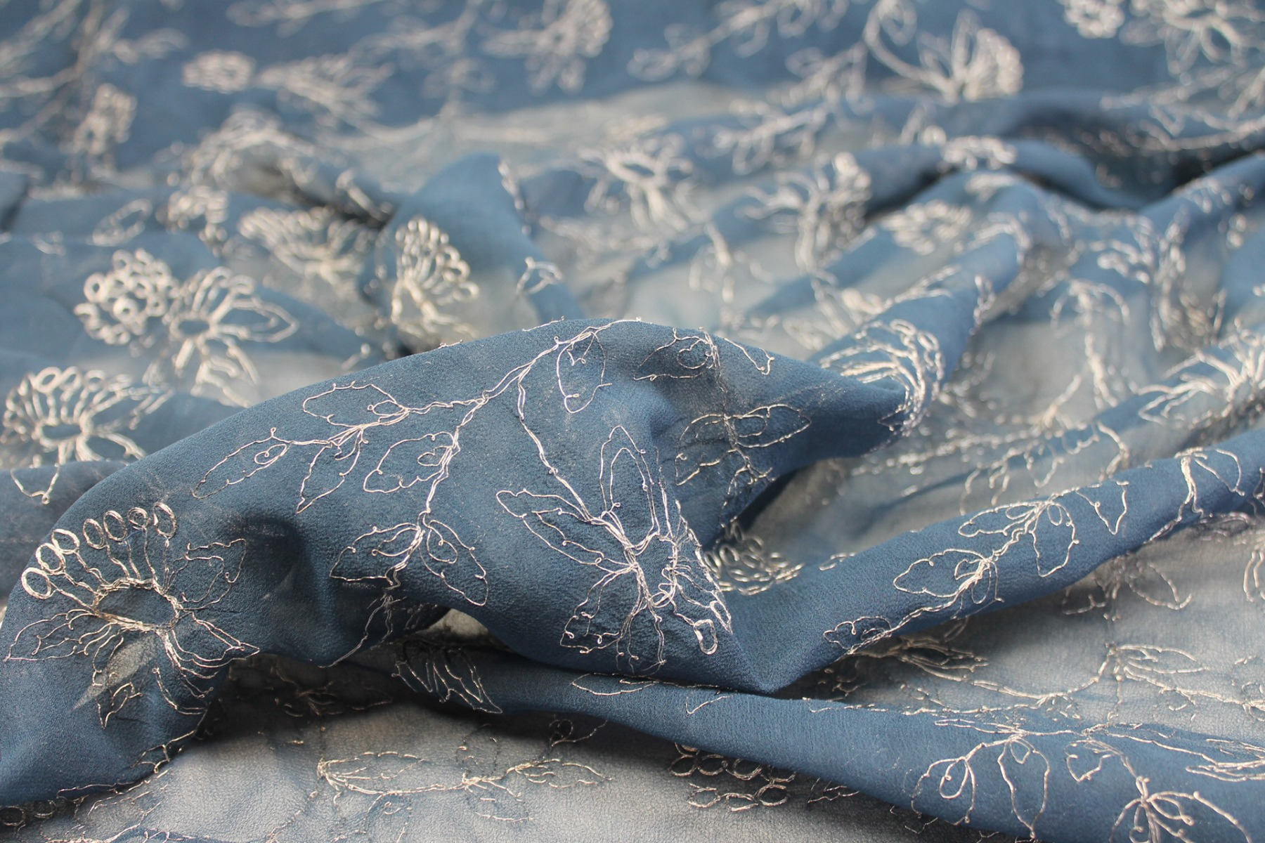 Metallic Floral Embroidery on French Blue Silk Chiffon fabric, image 3 of 8