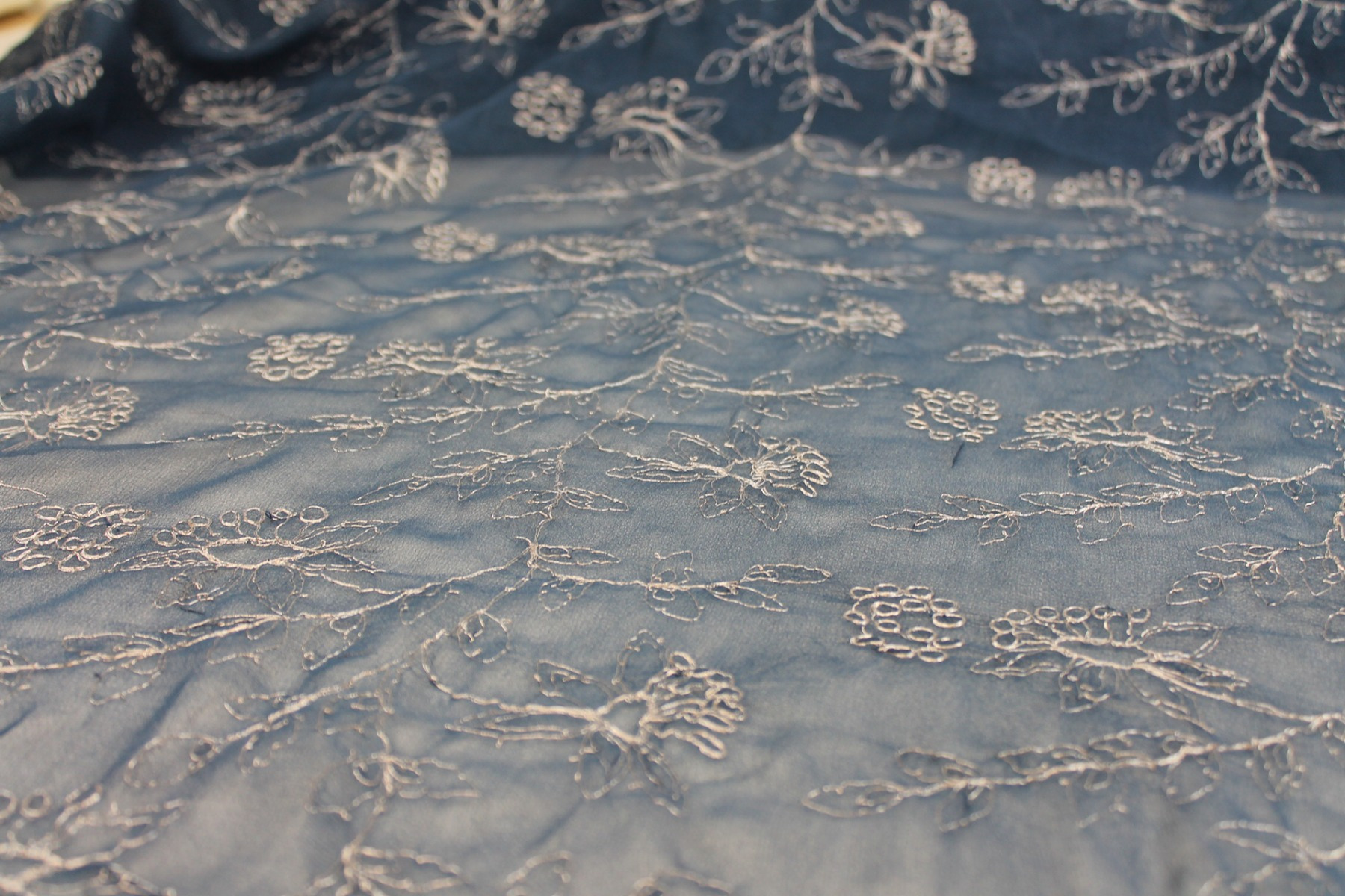 Metallic Floral Embroidery on French Blue Silk Chiffon fabric, image 4 of 8