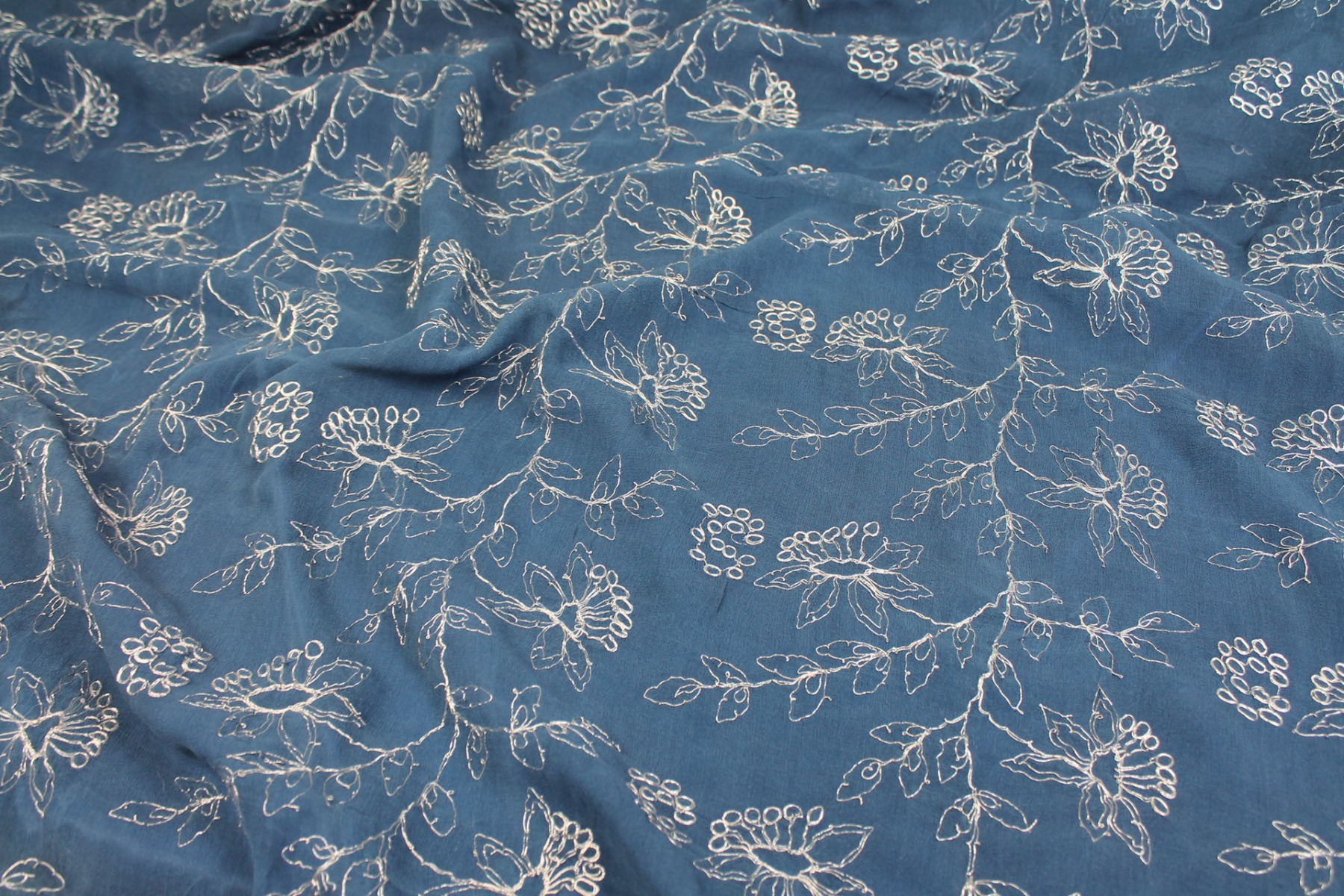 Metallic Floral Embroidery on French Blue Silk Chiffon fabric, image 5 of 8