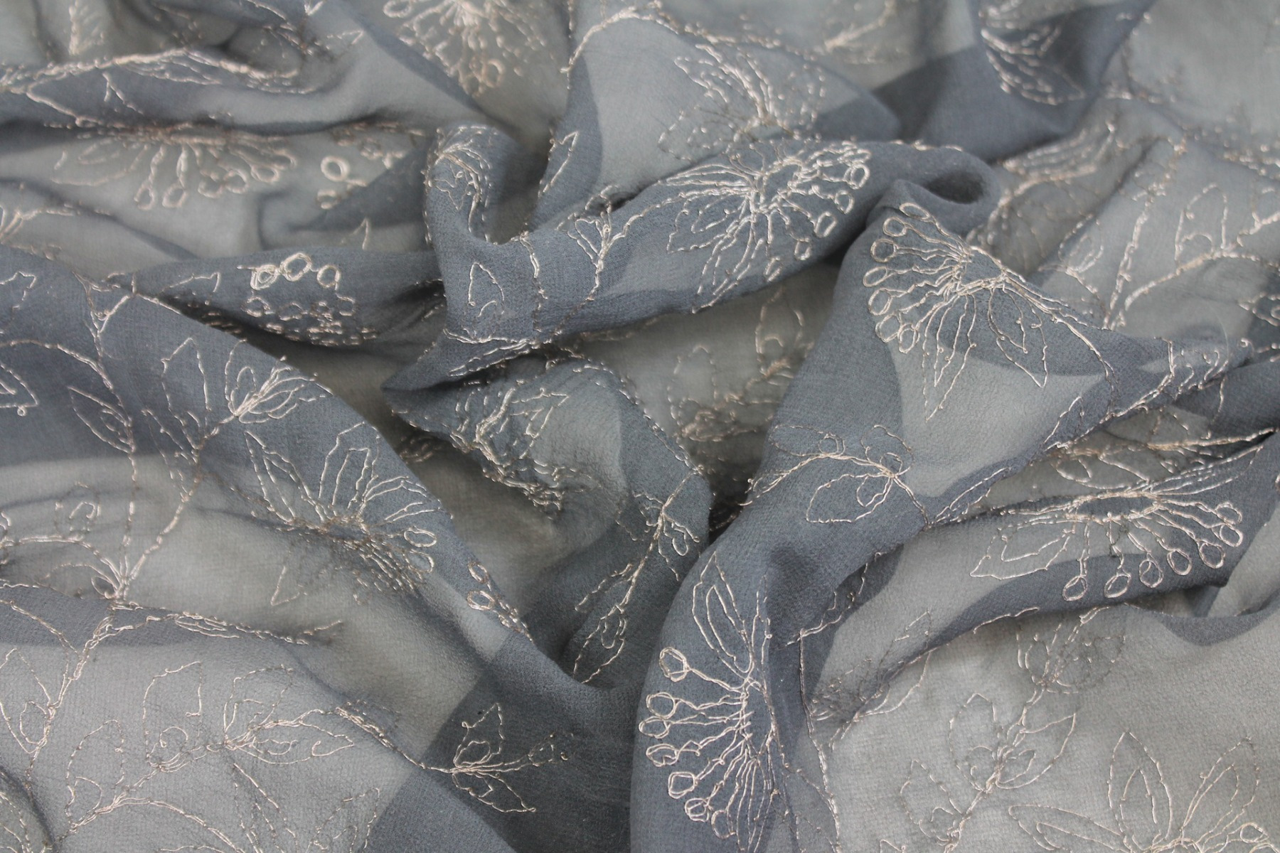 Metallic Floral Embroidery on Grey Silk Chiffon fabric, image 2 of 7