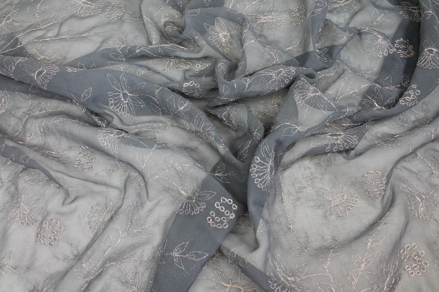 Metallic Floral Embroidery on Grey Silk Chiffon fabric, image 3 of 7