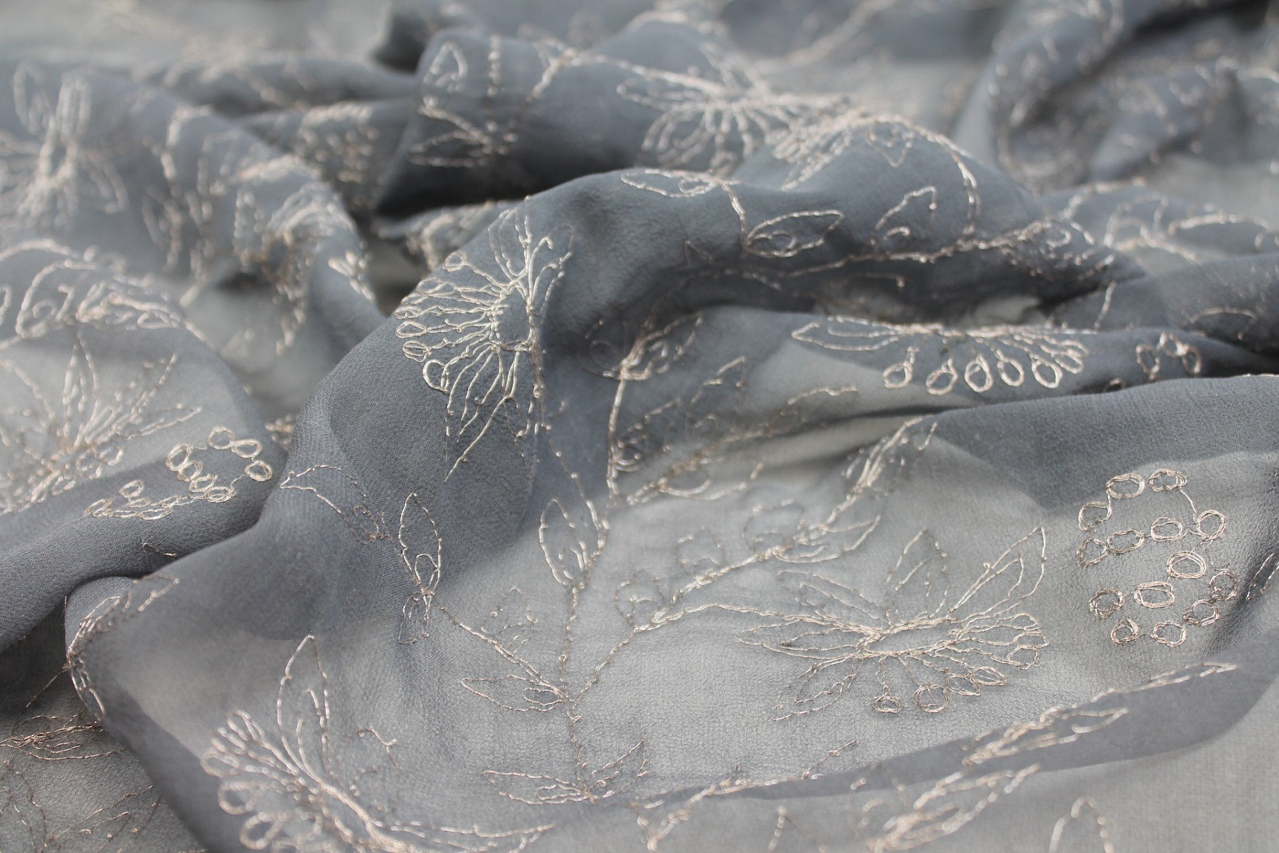 Metallic Floral Embroidery on Grey Silk Chiffon fabric