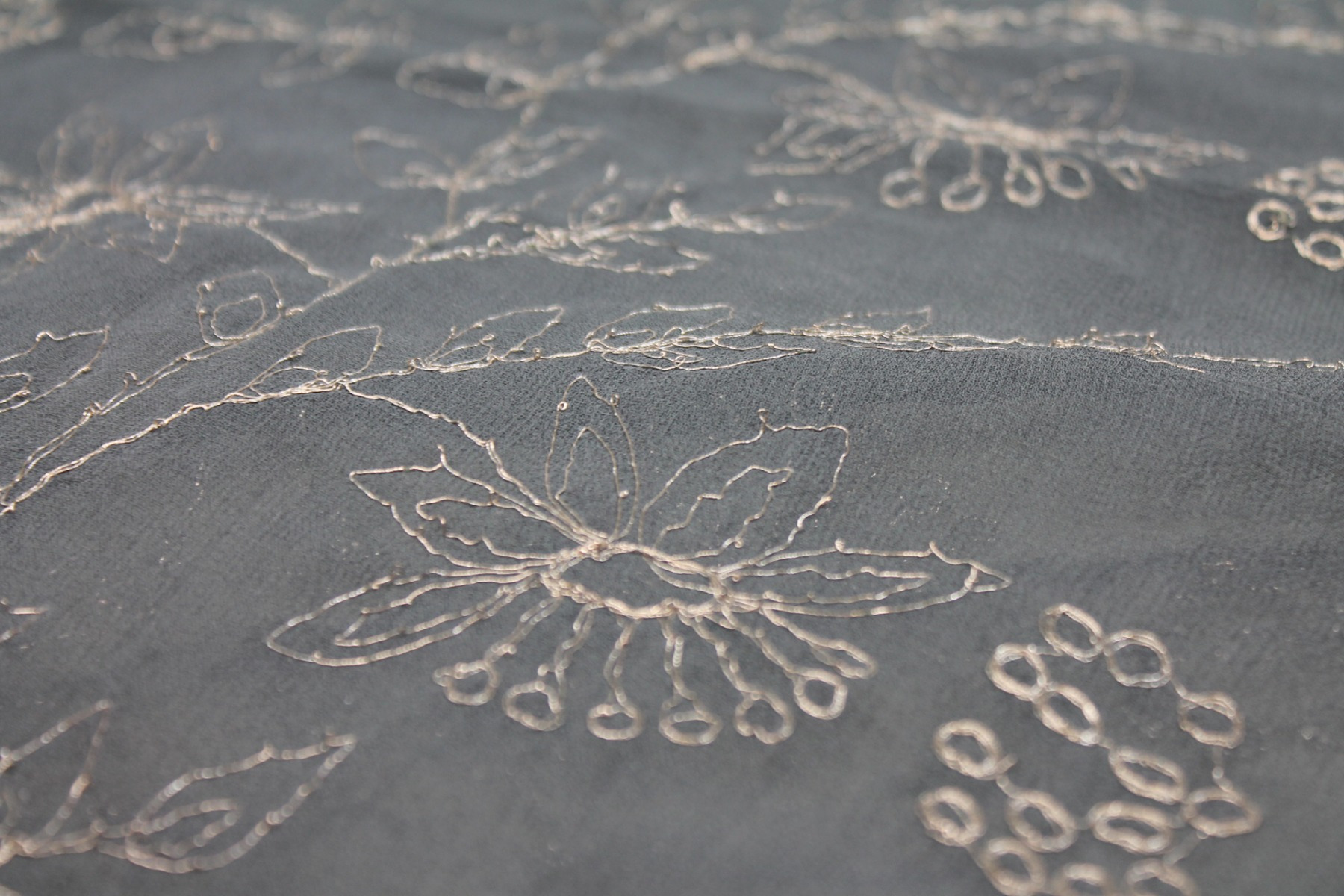 Metallic Floral Embroidery on Grey Silk Chiffon fabric, image 6 of 7